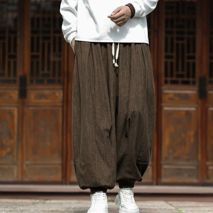 Buddha Stones Pantalon harem homme en velours côtelé, coupe bohème décontractée automne-hiver, avec cordon de serrage et poches. - Terre de sienne - US/UK/AU46, EU56 (5XL) - image 0