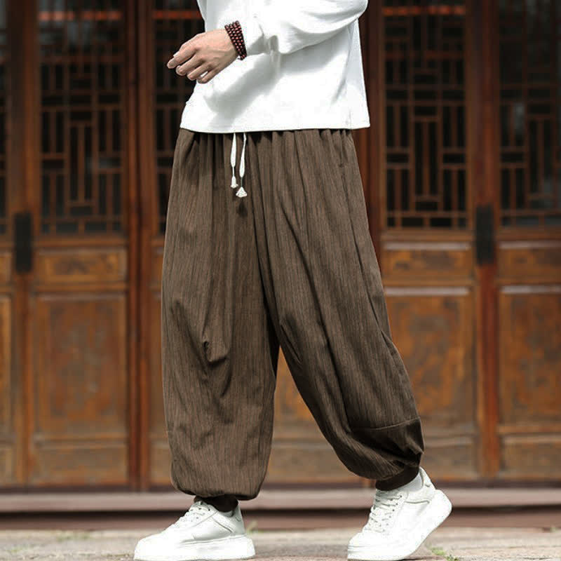Buddha Stones Pantalon harem homme en velours côtelé, coupe bohème décontractée automne-hiver, avec cordon de serrage et poches. - image 2
