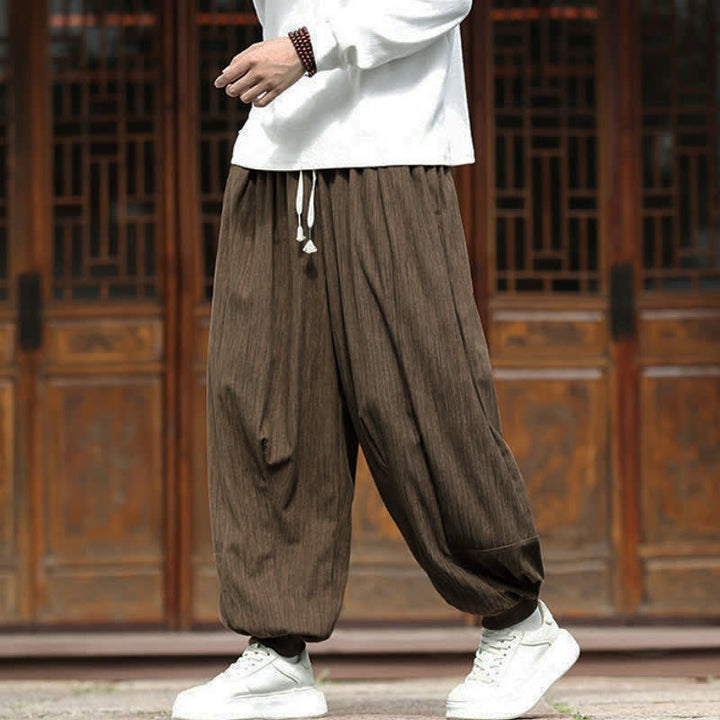 Buddha Stones Pantalon harem homme en velours côtelé, coupe bohème décontractée automne-hiver, avec cordon de serrage et poches. - image 2