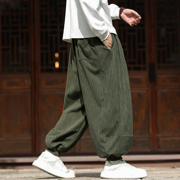 Buddha Stones Pantalon harem homme en velours côtelé, coupe bohème décontractée automne-hiver, avec cordon de serrage et poches. - image 34