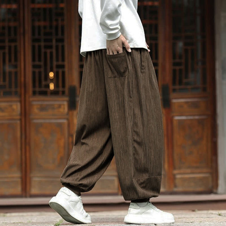 Buddha Stones Pantalon harem homme en velours côtelé, coupe bohème décontractée automne-hiver, avec cordon de serrage et poches. - image 3