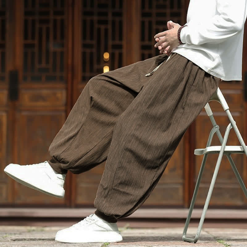 Buddha Stones Pantalon harem homme en velours côtelé, coupe bohème décontractée automne-hiver, avec cordon de serrage et poches. - image 8