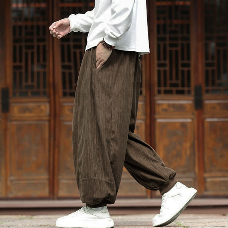 Buddha Stones Pantalon harem homme en velours côtelé, coupe bohème décontractée automne-hiver, avec cordon de serrage et poches. - image 7