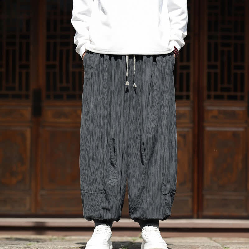 Buddha Stones Pantalon harem homme en velours côtelé, coupe bohème décontractée automne-hiver, avec cordon de serrage et poches. - Gris - US/UK/AU46, EU56 (5XL) - image 9