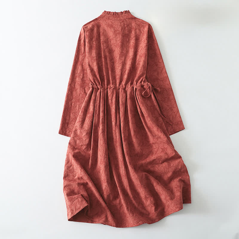 Buddha Stones Robe rouge élégante à manches longues et poches, style automne Tang, col mandarin et boutons brandebourg - image 1