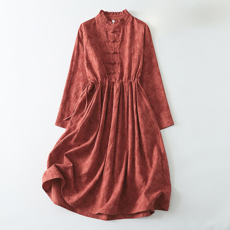 Buddha Stones Robe rouge élégante à manches longues et poches, style automne Tang, col mandarin et boutons brandebourg - Tomate - US8-10, UK/AU12-14, EU40-42 (2XL) - image 0