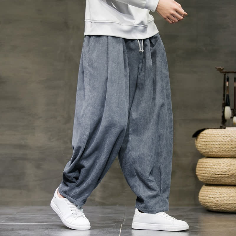 Buddha Stones Pantalon harem homme en velours côtelé, style rétro décontracté automne-hiver, avec cordon de serrage et poches. - image 1
