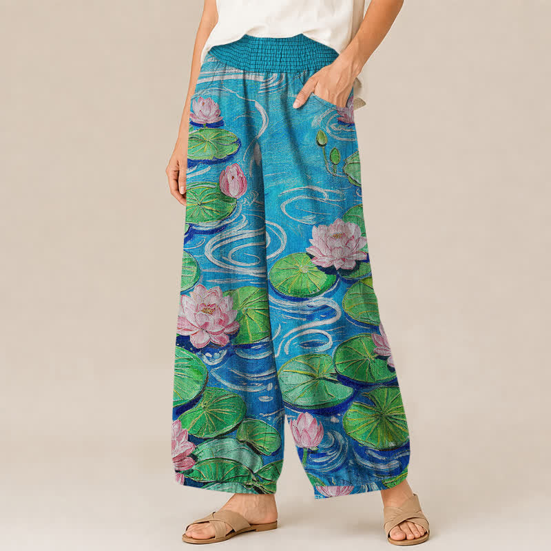 Buddha Stones Pantalon harem pour femme en coton rose à motif étang de lotus, plissé, taille élastique et poches - image 1