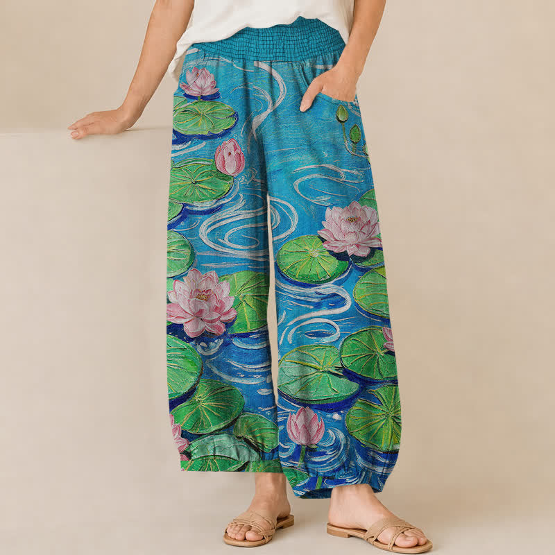 Buddha Stones Pantalon harem pour femme en coton rose à motif étang de lotus, plissé, taille élastique et poches - Bleu ciel clair - US16，UK/AU20，EU48 (3XL) - image 0