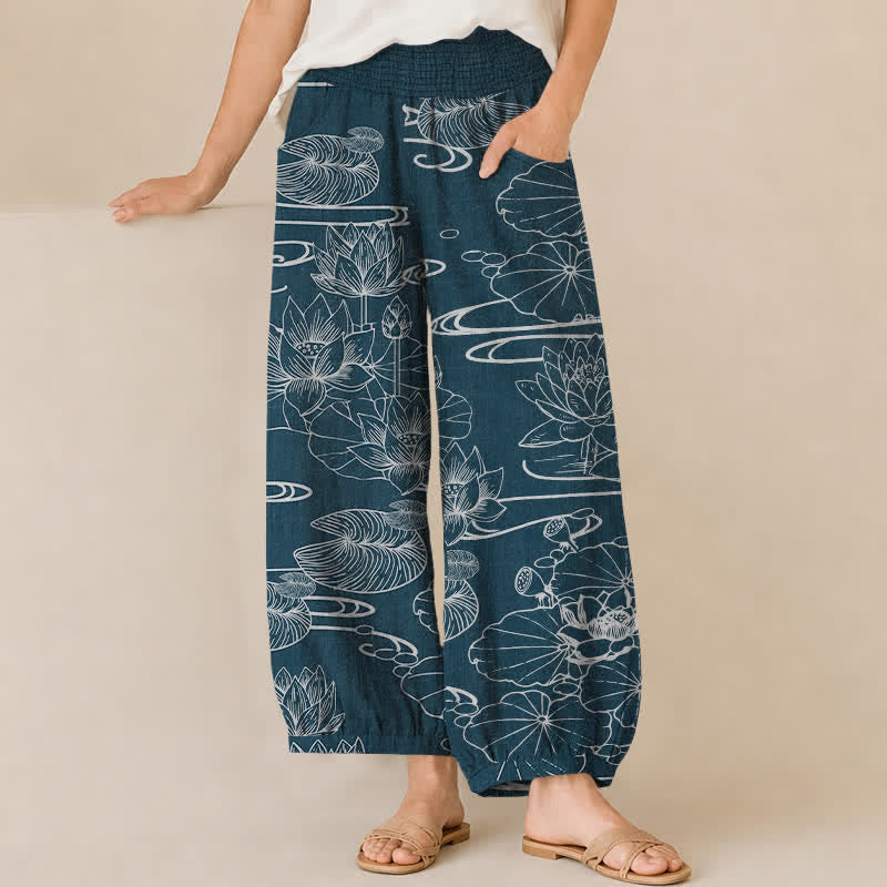 Buddha Stones Pantalon harem pour femme en coton à motif feuille de lotus, plissé, taille élastique et poches - Bleu nuit - US16，UK/AU20，EU48 (3XL) - image 0