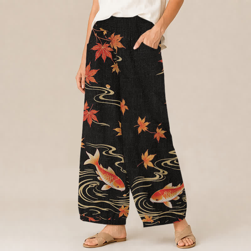 Buddha Stones Pantalon harem pour femme en coton à motif de carpes koï, érable rouge et vagues, plissé, taille élastique et poches - image 1