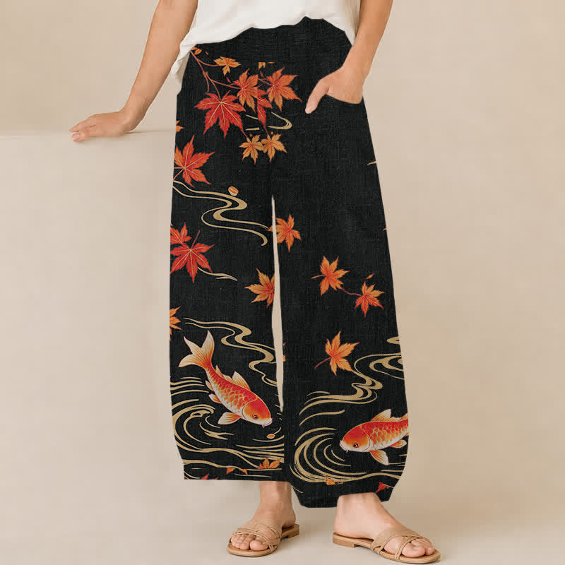 Buddha Stones Pantalon harem pour femme en coton à motif de carpes koï, érable rouge et vagues, plissé, taille élastique et poches - Noir - US16，UK/AU20，EU48 (3XL) - image 0