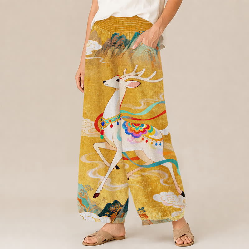 Buddha Stones Pantalon harem pour femme en coton à motif floral nuageux et cerf porte-bonheur, plissé et à taille élastique, avec poches - image 1