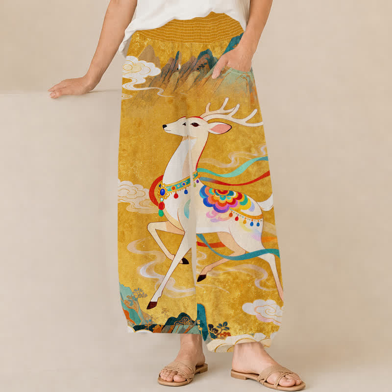 Buddha Stones Pantalon harem pour femme en coton à motif floral nuageux et cerf porte-bonheur, plissé et à taille élastique, avec poches - verge d'or - US16，UK/AU20，EU48 (3XL) - image 0