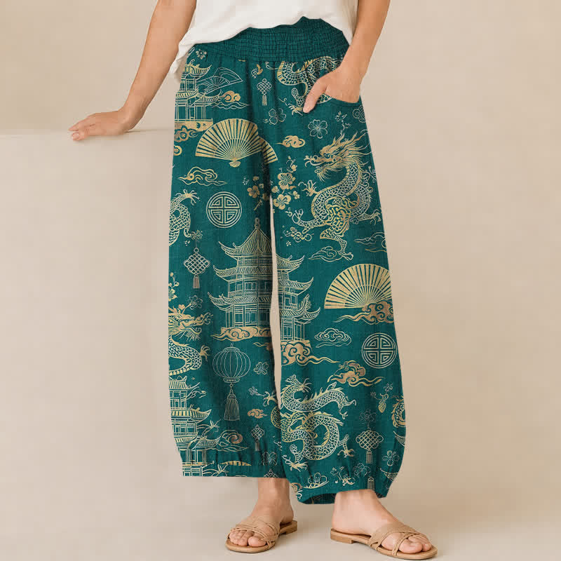 Buddha Stones Pantalon harem pour femme en coton, à motif palais de dragon oriental, plissé, taille élastique et poches - Sarcelle - US16，UK/AU20，EU48 (3XL) - image 0