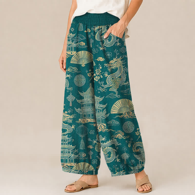 Buddha Stones Pantalon harem pour femme en coton, à motif palais de dragon oriental, plissé, taille élastique et poches - image 1