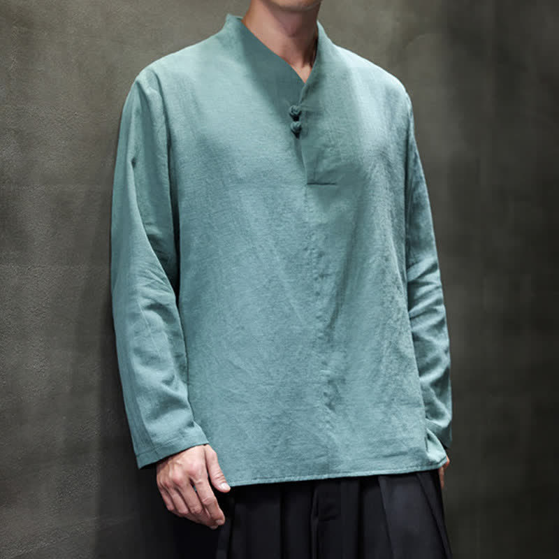 Buddha Stones Chemises à manches longues pour hommes, style Tang, col mandarin, en coton et lin uni, style décontracté printemps-automne - image 1