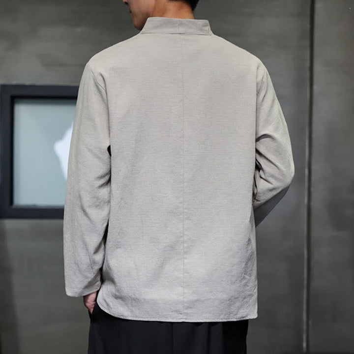 Buddha Stones Chemises à manches longues pour hommes, style Tang, col mandarin, en coton et lin uni, style décontracté printemps-automne - image 11