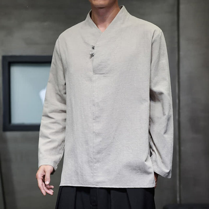 Buddha Stones Chemises à manches longues pour hommes, style Tang, col mandarin, en coton et lin uni, style décontracté printemps-automne - image 9