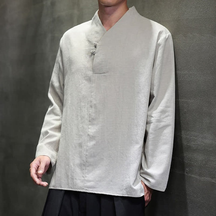 Buddha Stones Chemises à manches longues pour hommes, style Tang, col mandarin, en coton et lin uni, style décontracté printemps-automne - image 12