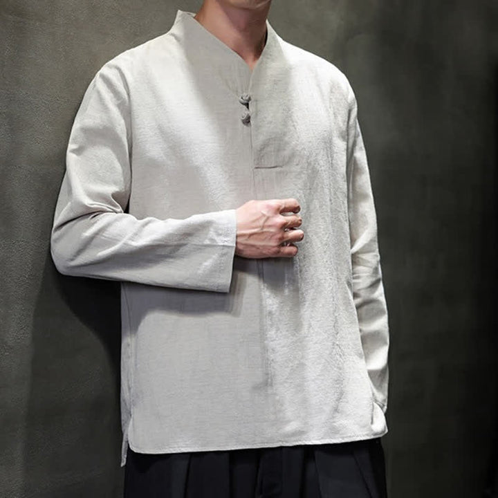 Buddha Stones Chemises à manches longues pour hommes, style Tang, col mandarin, en coton et lin uni, style décontracté printemps-automne - image 8