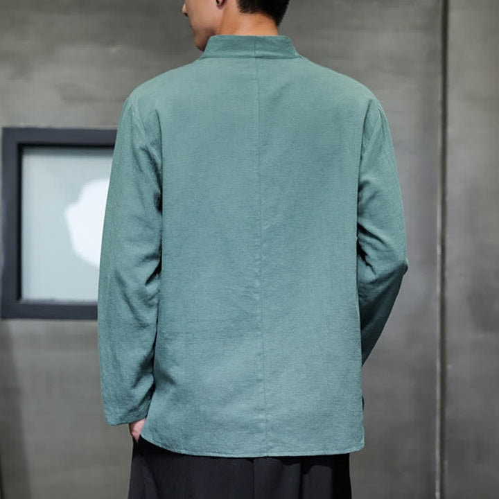 Buddha Stones Chemises à manches longues pour hommes, style Tang, col mandarin, en coton et lin uni, style décontracté printemps-automne - image 4