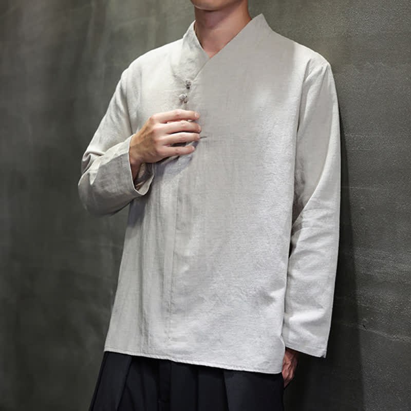 Buddha Stones Chemises à manches longues pour hommes, style Tang, col mandarin, en coton et lin uni, style décontracté printemps-automne - image 10