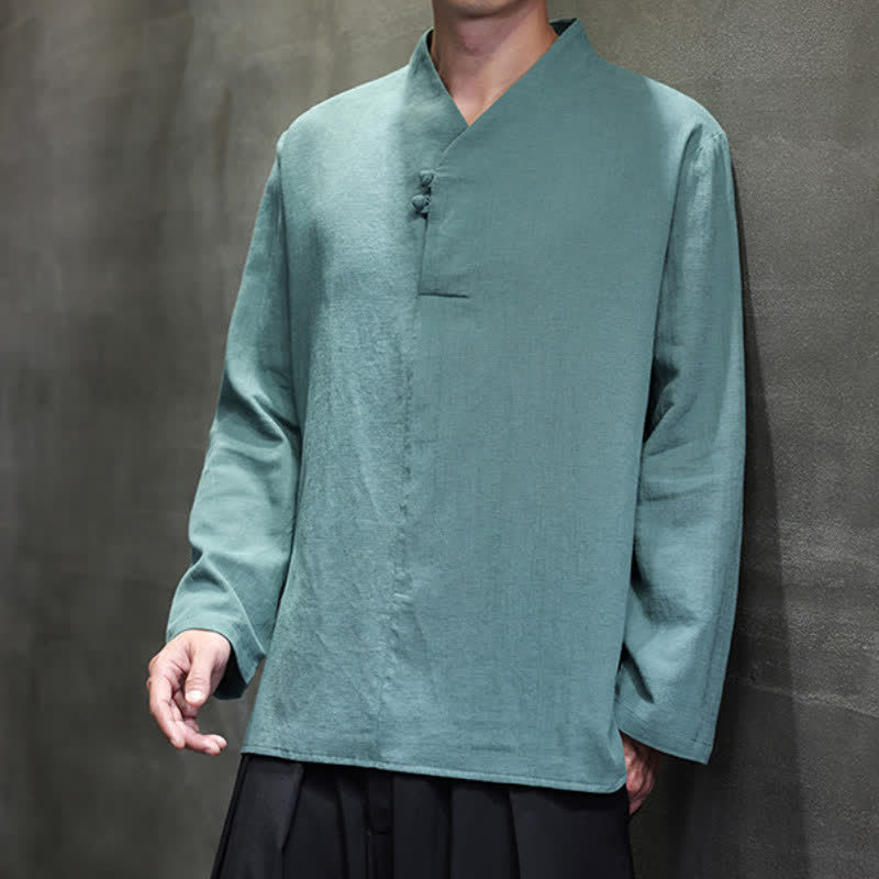Buddha Stones Chemises à manches longues pour hommes, style Tang, col mandarin, en coton et lin uni, style décontracté printemps-automne - image 2