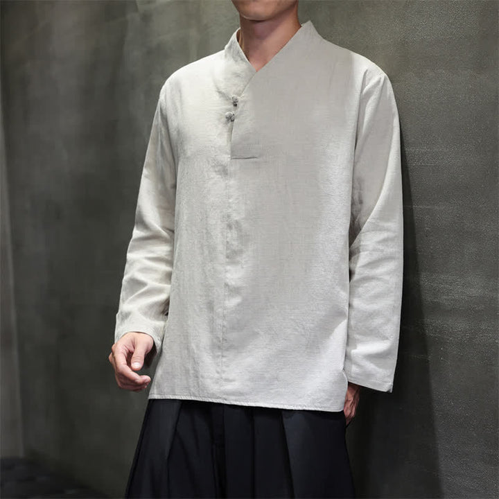 Buddha Stones Chemises à manches longues pour hommes, style Tang, col mandarin, en coton et lin uni, style décontracté printemps-automne - Gris clair - US/UK/AU46，EU56 (5XL) - image 7