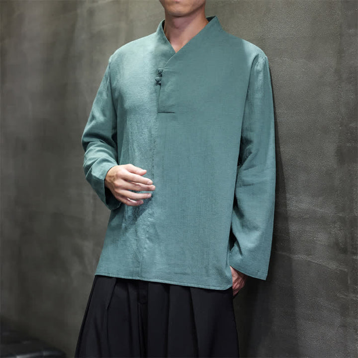 Buddha Stones Chemises à manches longues pour hommes, style Tang, col mandarin, en coton et lin uni, style décontracté printemps-automne - image 6