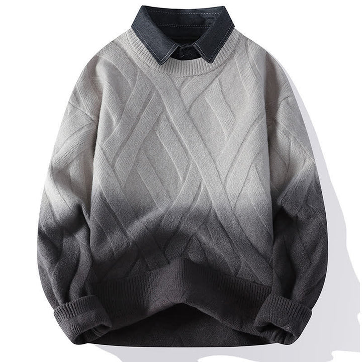 Buddha Stones Pull homme décontracté automne-hiver style vintage à col superposé et rayures contrastées dégradées - Gris - US/UK/AU44，EU54 (4XL) - image 1