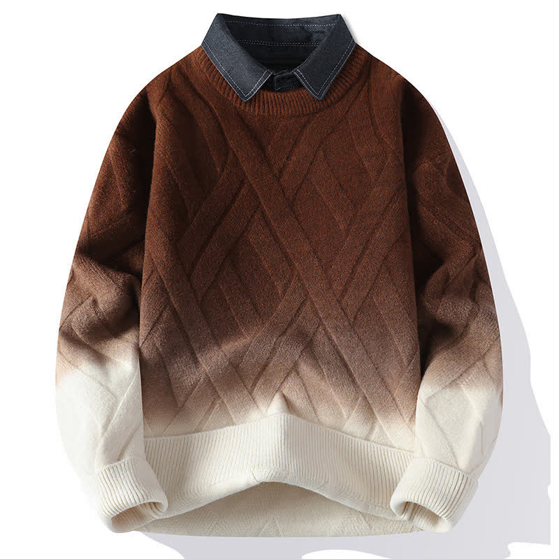 Buddha Stones Pull homme décontracté automne-hiver style vintage à col superposé et rayures contrastées dégradées - SaddleBrown - US/UK/AU44，EU54 (4XL) - image 0