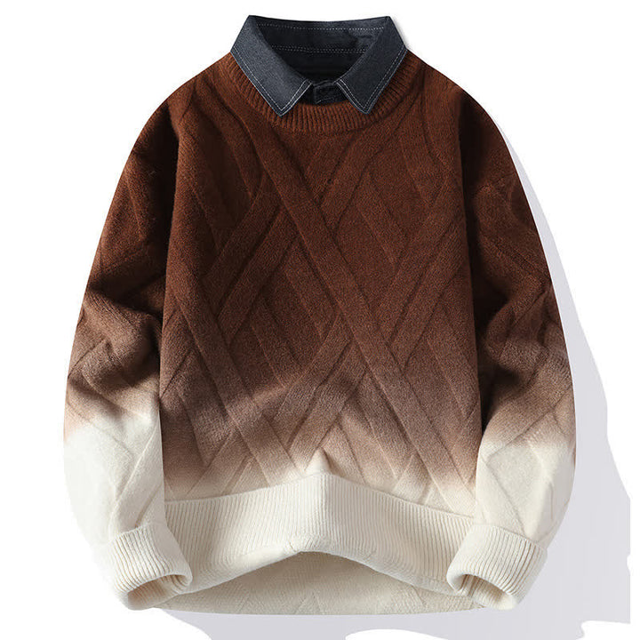Buddha Stones Pull homme décontracté automne-hiver style vintage à col superposé et rayures contrastées dégradées - SaddleBrown - US/UK/AU44，EU54 (4XL) - image 0