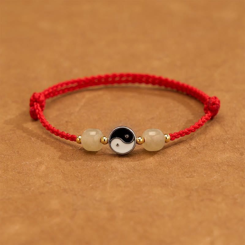 Buddha Stones Bracelet d'équilibre en alliage Yin Yang, perles de jade Hetian et cordon rouge - Cordon rouge foncé - 6,3-7,1 pouces (16-18 cm) - image 0