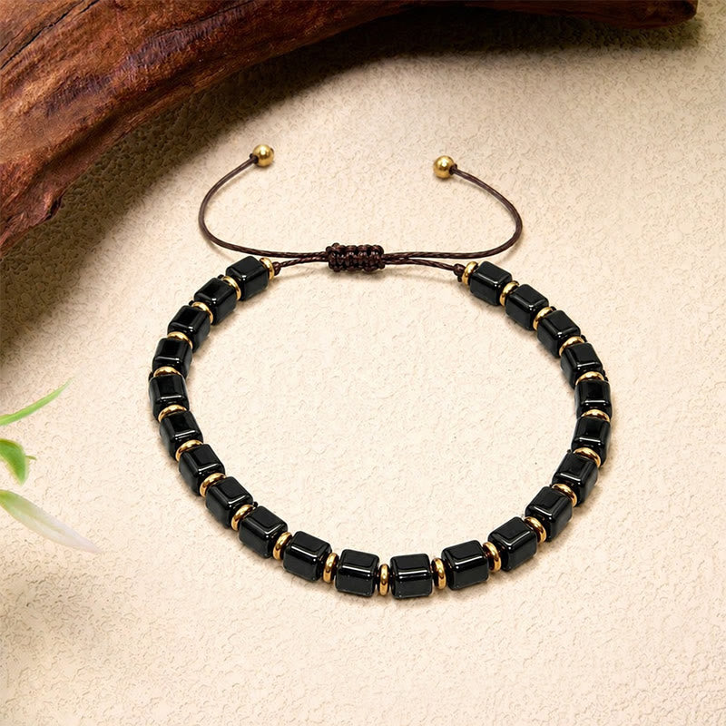 Buddha Stones Bracelet ajustable tressé à perles carrées de protection en obsidienne noire - image 3