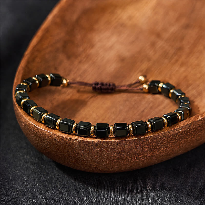 Buddha Stones Bracelet ajustable tressé à perles carrées de protection en obsidienne noire - image 1