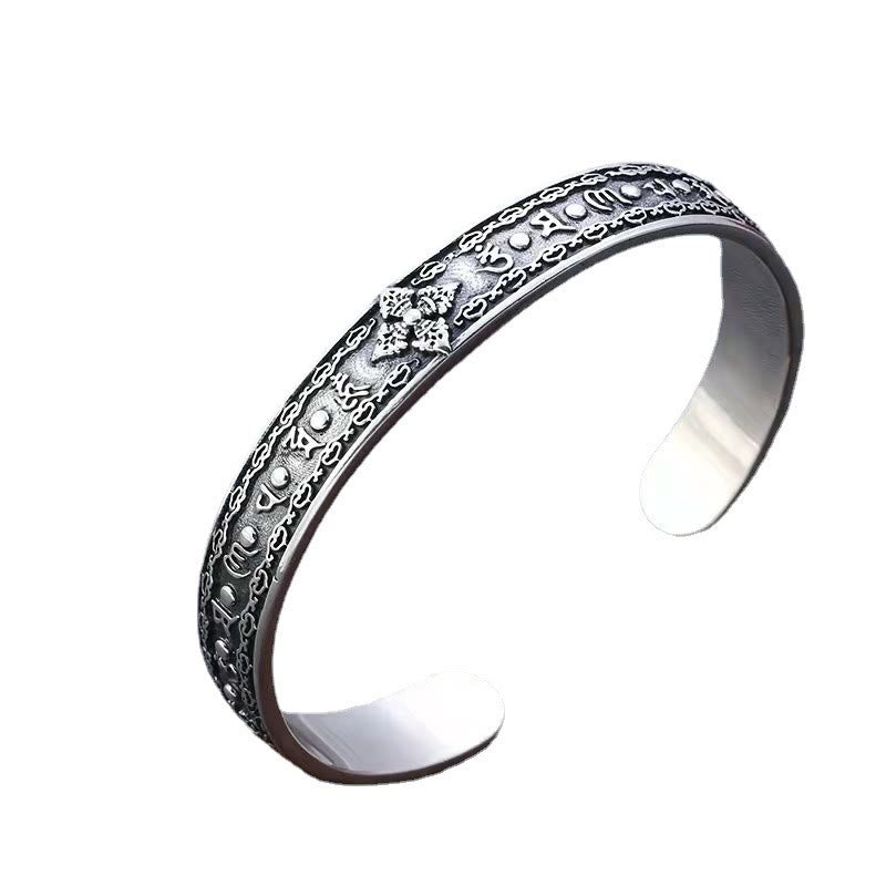 Bracelet manchette de sagesse gravé en argent sterling 925 Buddha Stones Om Mani Padme Hum Double Dorje