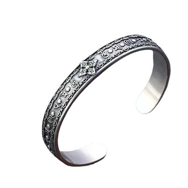 Bracelet manchette de sagesse gravé en argent sterling 925 Buddha Stones Om Mani Padme Hum Double Dorje