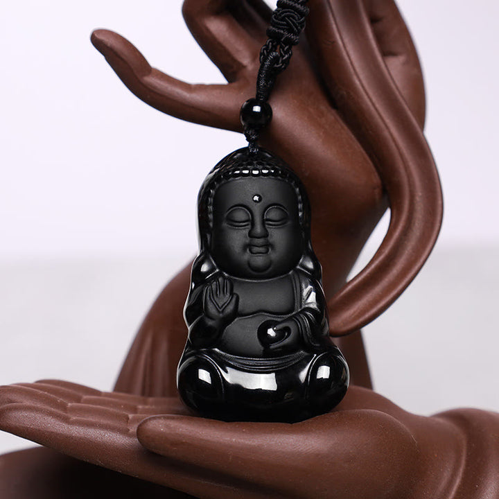 Collier pendentif porte-bonheur en Buddha Stones en cristal d'obsidienne noire naturelle, protection de la force du Bouddha, amulette - image 3