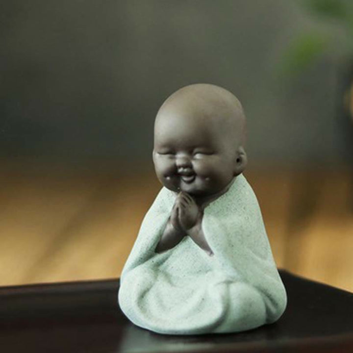 Buddha Stones Toujours Souriant Bouddha Rieur Richesse Chance Argile Violette Statue Maitreya Décoration - Petit moine vert en prière - image 16