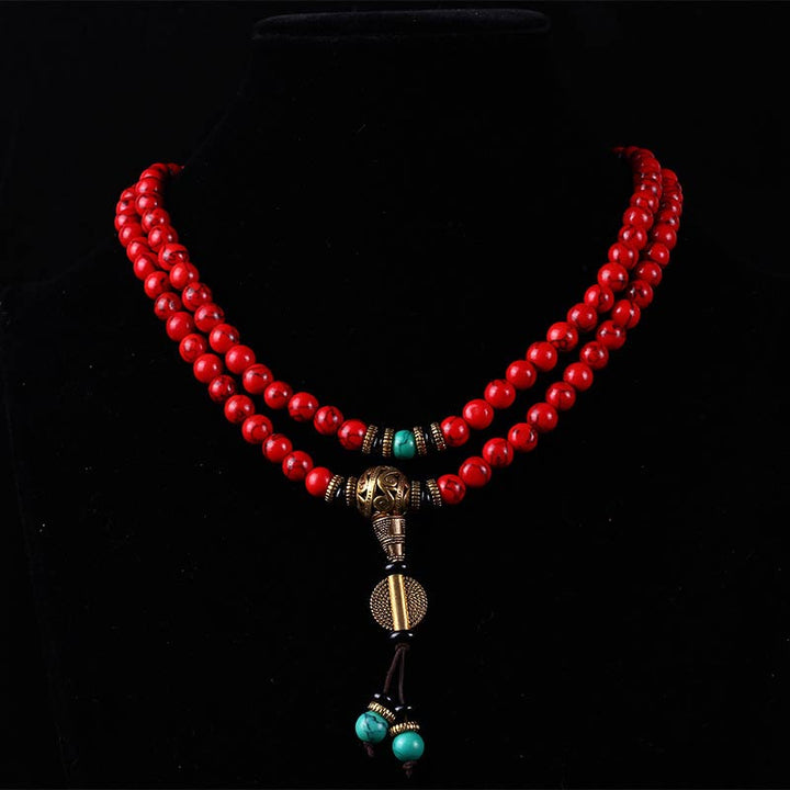 Collier et bracelet porte-bonheur Buddha Stones Mala rouge turquoise