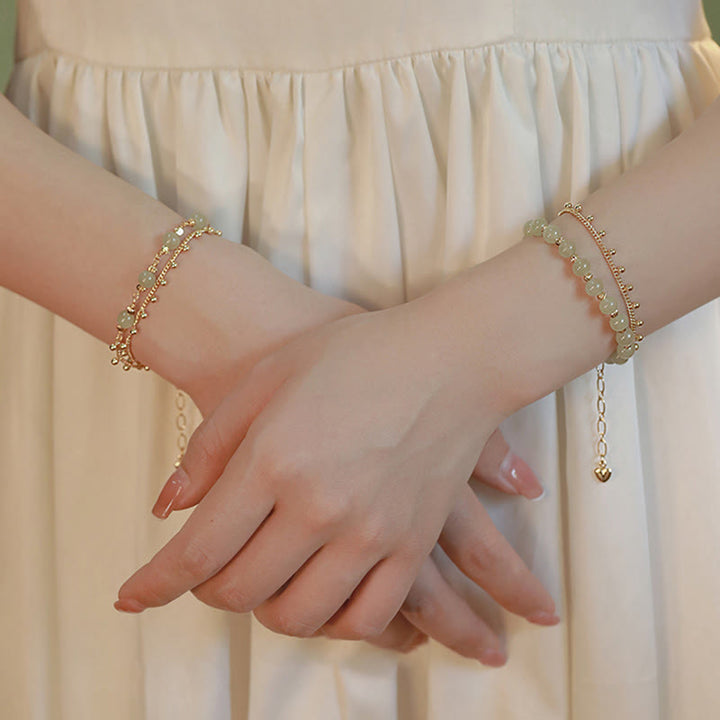 Bracelet de prospérité porte-bonheur en perles de jade Hetian plaqué or 14 carats à 2 couches