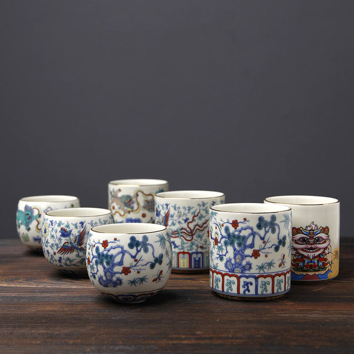 Buddha Stones Vintage Fleur de Prunier Pin Bambou Phénix Kirin Lion Dansant Tasse à Thé en Céramique Tasses à Thé