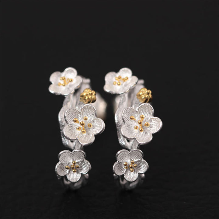 Boucles d'oreilles en argent sterling 925 Buddha Stones et fleurs de prunier