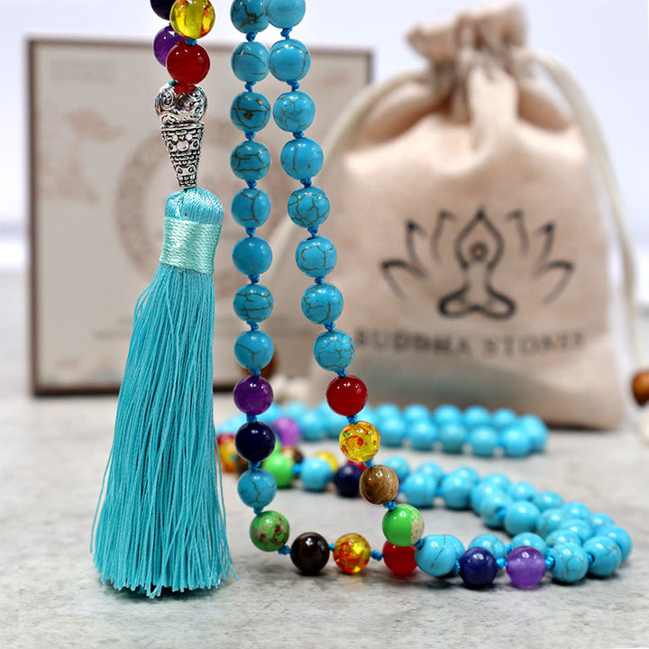 Collier de perles de prière de méditation et de yoga en perles turquoise de 108 Mala Buddha Stones