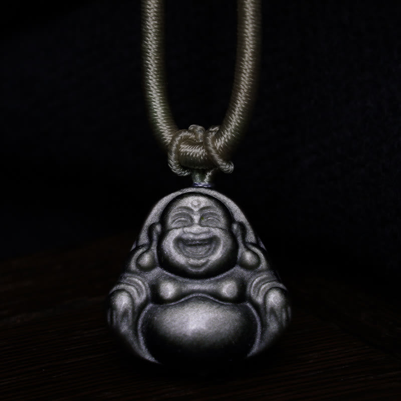 Collier pendentif de protection Buddha Stones rieur en obsidienne argentée naturelle - image 4
