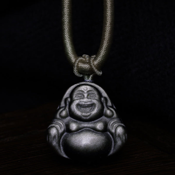 Collier pendentif de protection Buddha Stones rieur en obsidienne argentée naturelle - image 4