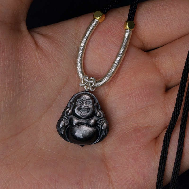 Collier pendentif de protection Buddha Stones rieur en obsidienne argentée naturelle - image 8
