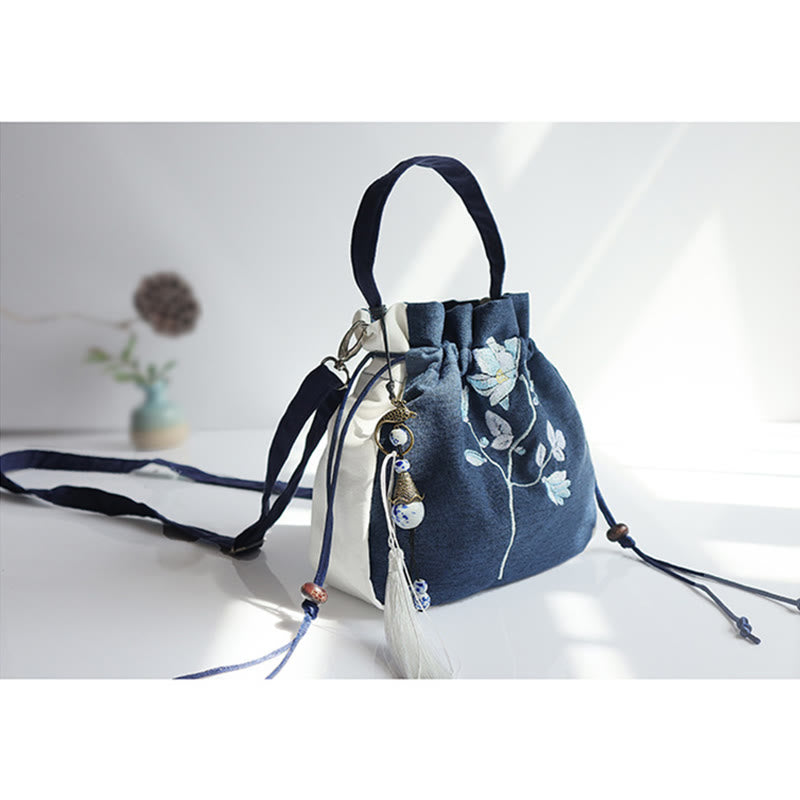 Sac à main en toile brodé à la main avec Buddha Stones et fleurs