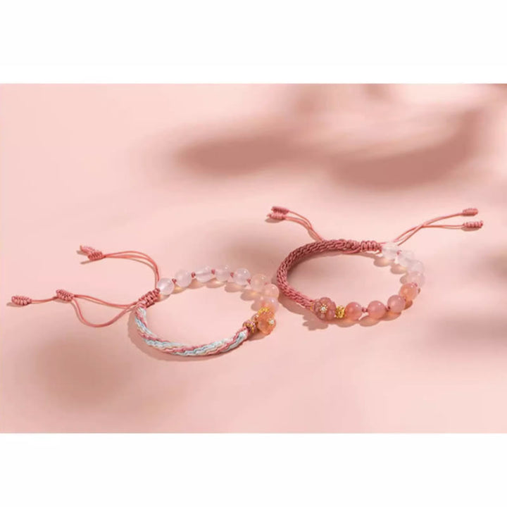 Bracelet en corde fait main avec Buddha Stones en agate naturelle dégradée et nœud de réincarnation en fleur de pêcher